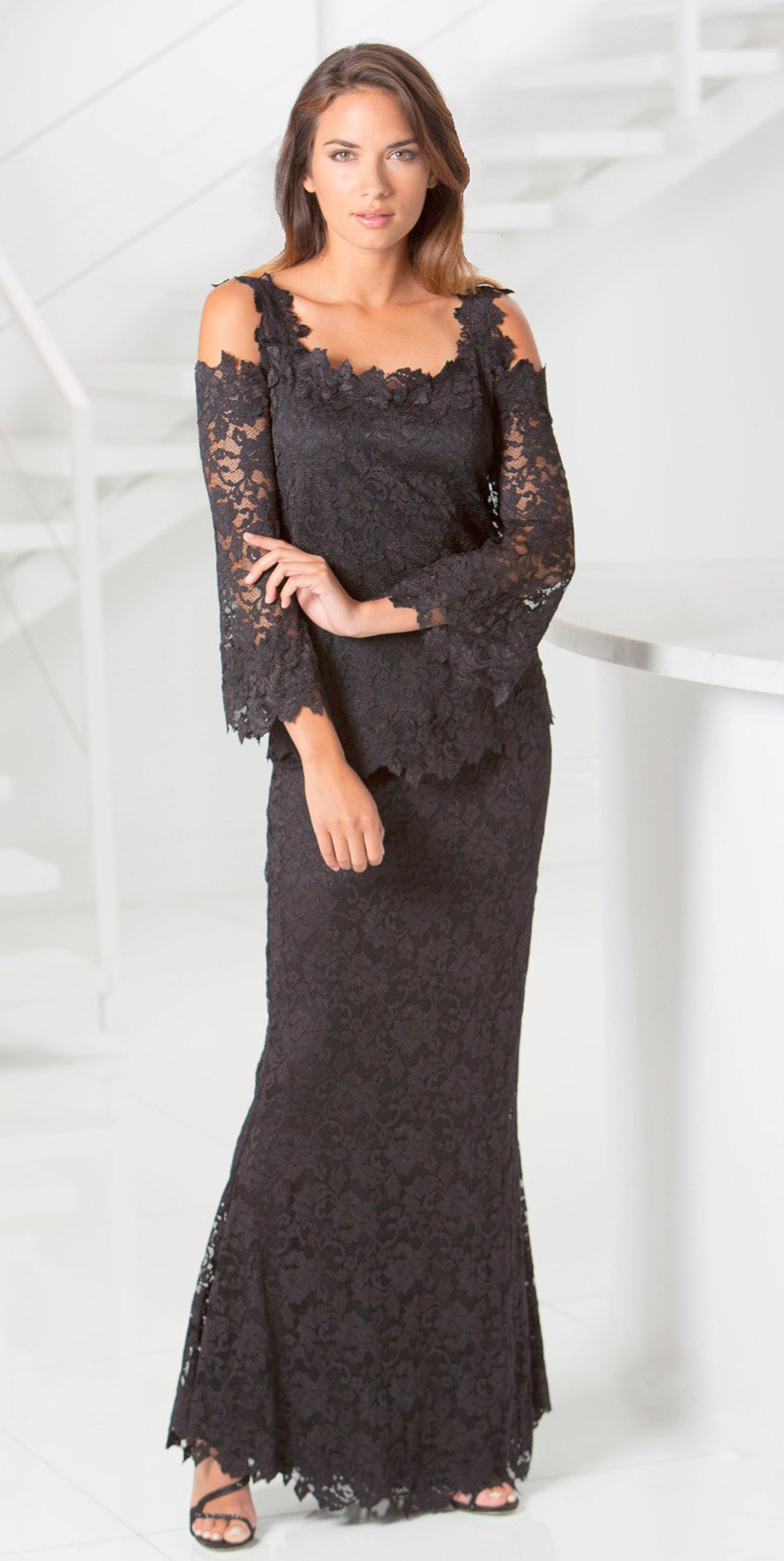 French Lace Cold Shoulder Blouse - B611  (P605 45" French Lace Pant Sold Separately) - Sara Mique Evening Wear