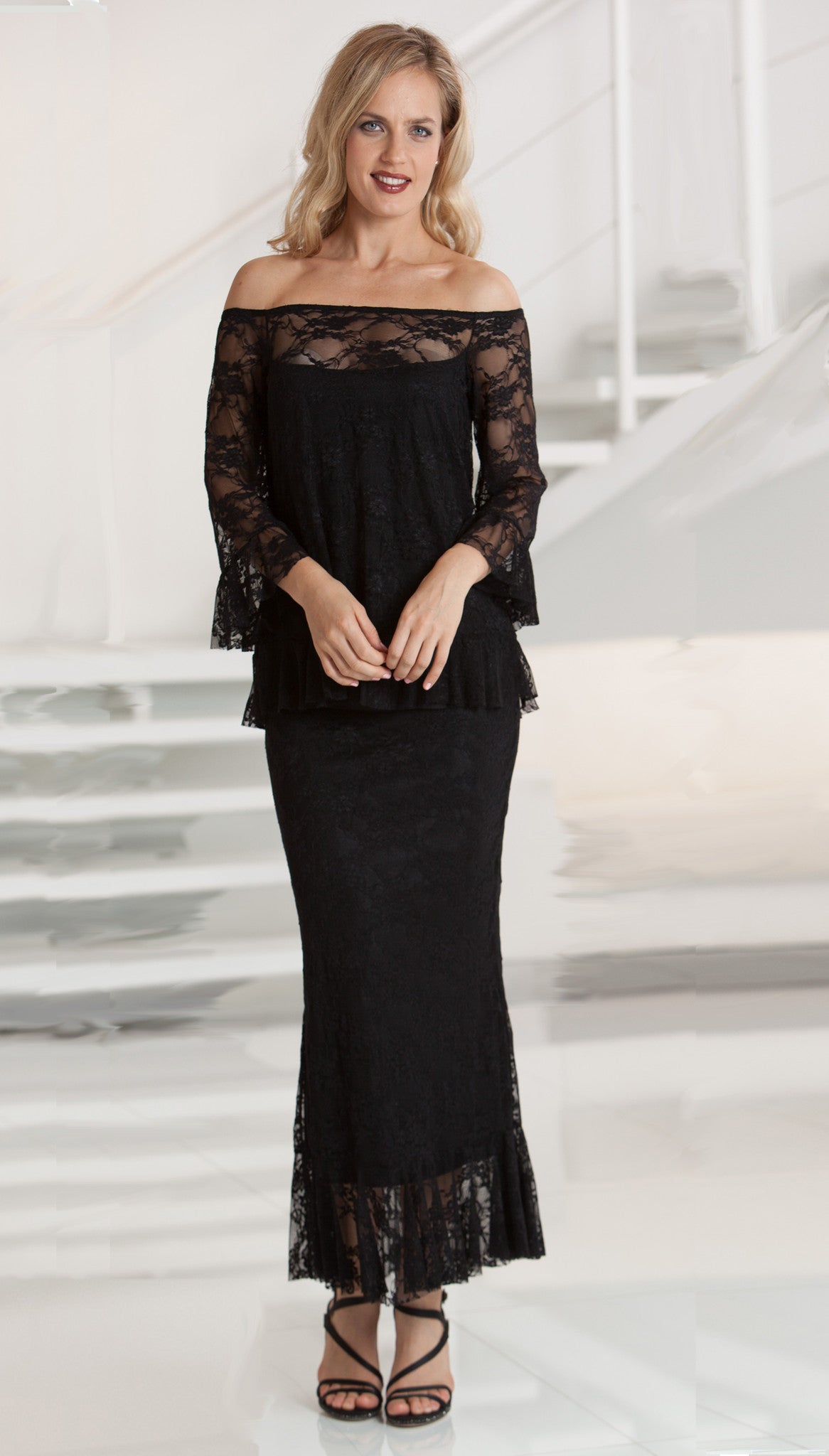 Off/On Shoulder Stretch Lace Top with Ruffle Sleeve - BSL14 / Skirt SSL4 sold separetely - Sara Mique Evening Wear