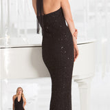 Silk Pucker Sequin Halter Dress (full length) - D1532SB - Sara Mique Evening Wear