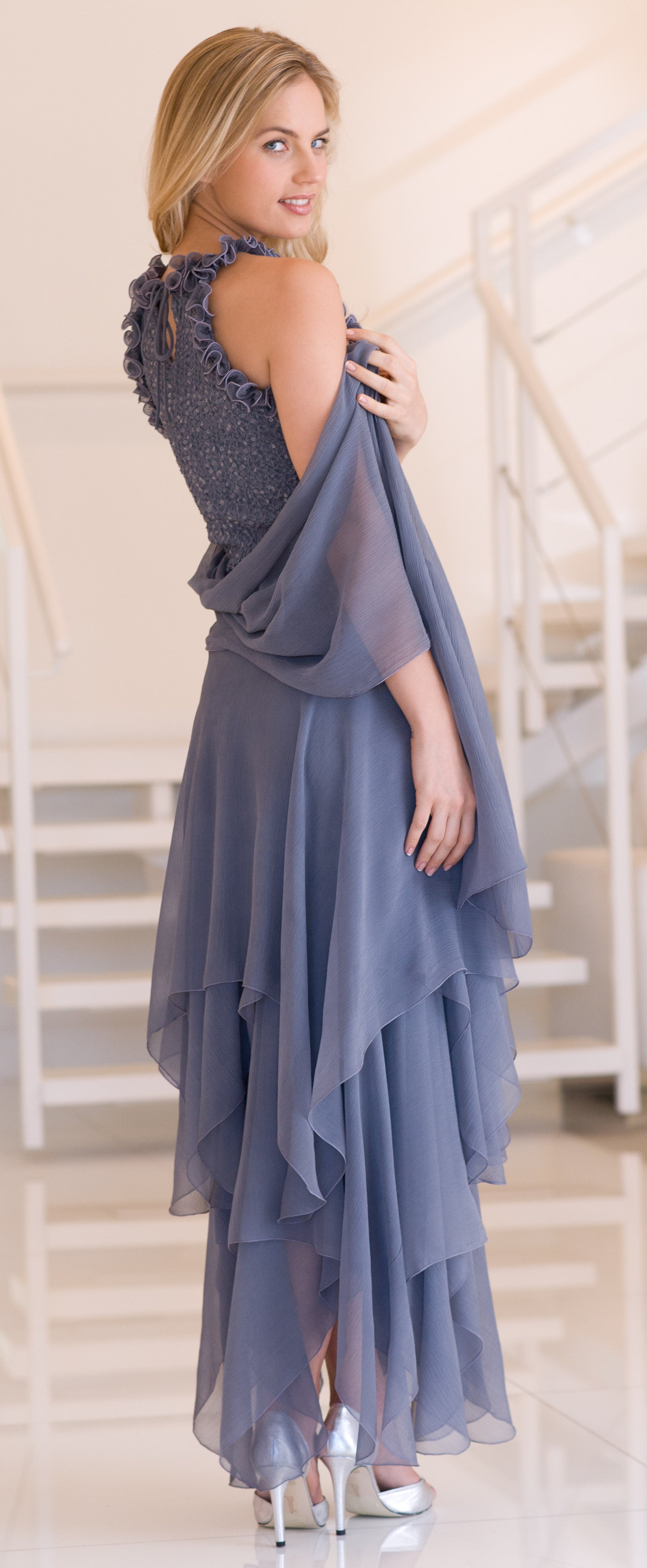Ultra Feminine Hanky Halter With Ruffles  D1500SCL / Stole2 - Sara Mique Evening Wear