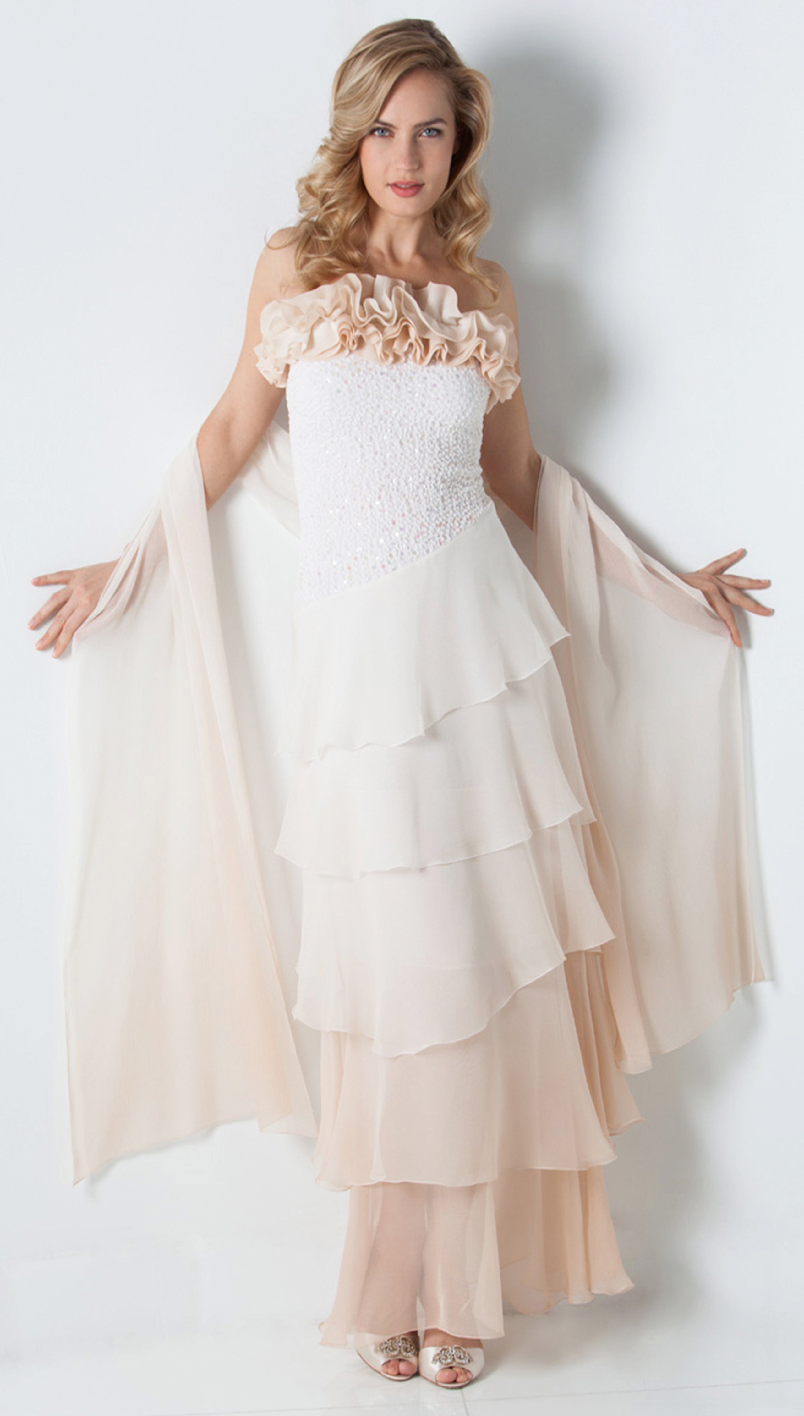 Dress & Stole in Silk Sequin Pucker/ Plisse'- D1558SCOM / Stole 2 - Sara Mique Evening Wear