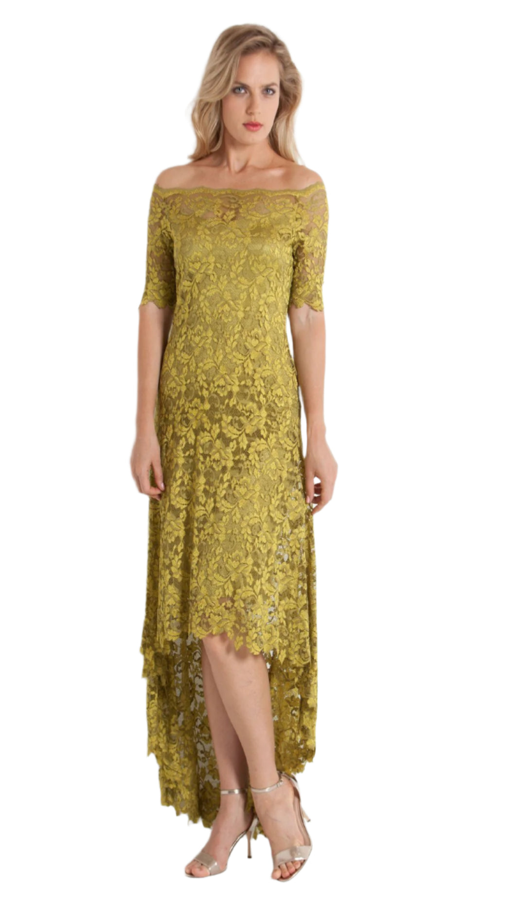 Stunning Hi Lo French Lace Dress With Off The Shoulder Neckline - D658 - Sara Mique Evening Wear