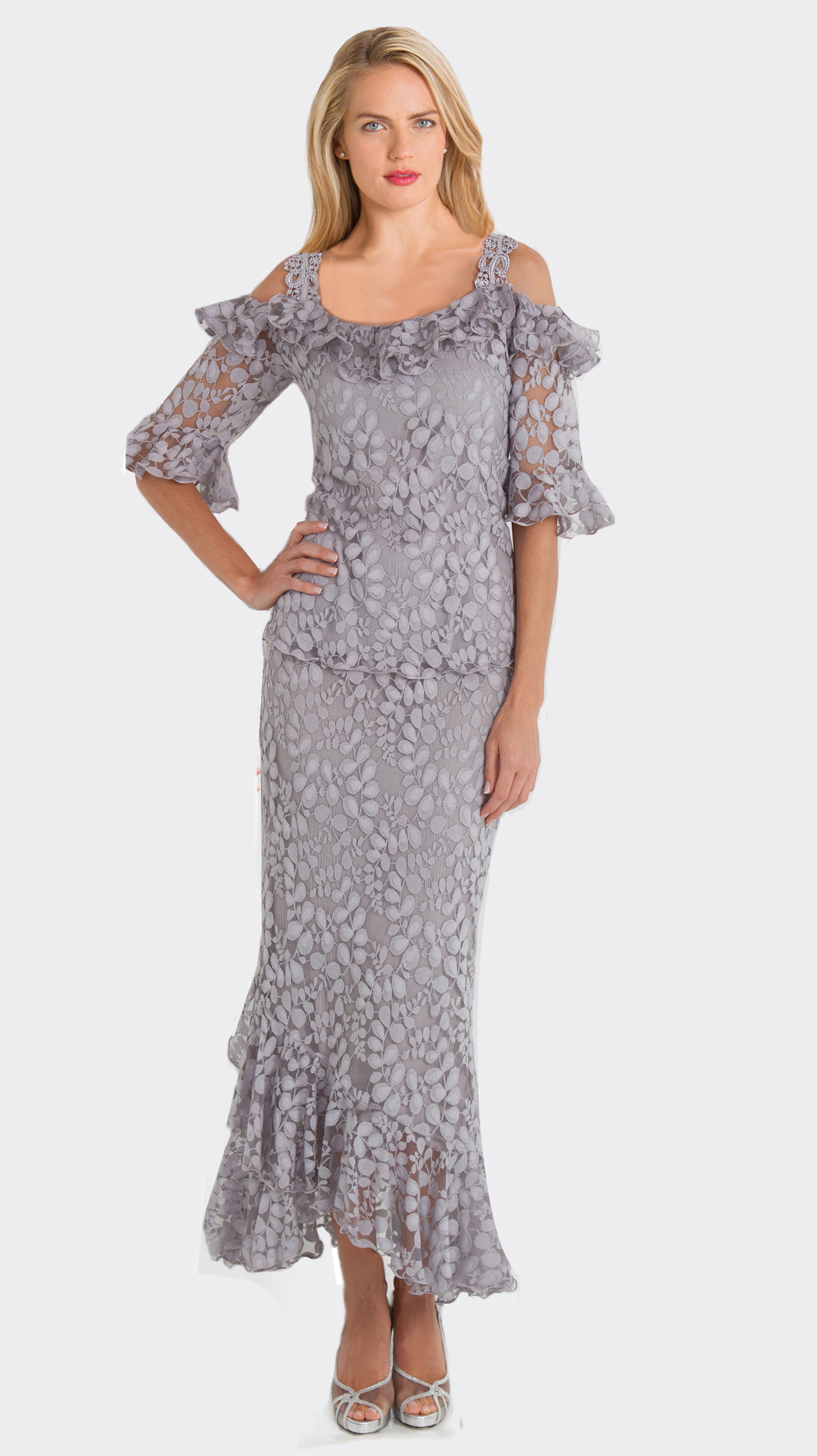Petal Lace Cold Shoulder Top & Tea Length Skirt D903 - Sara Mique Evening Wear