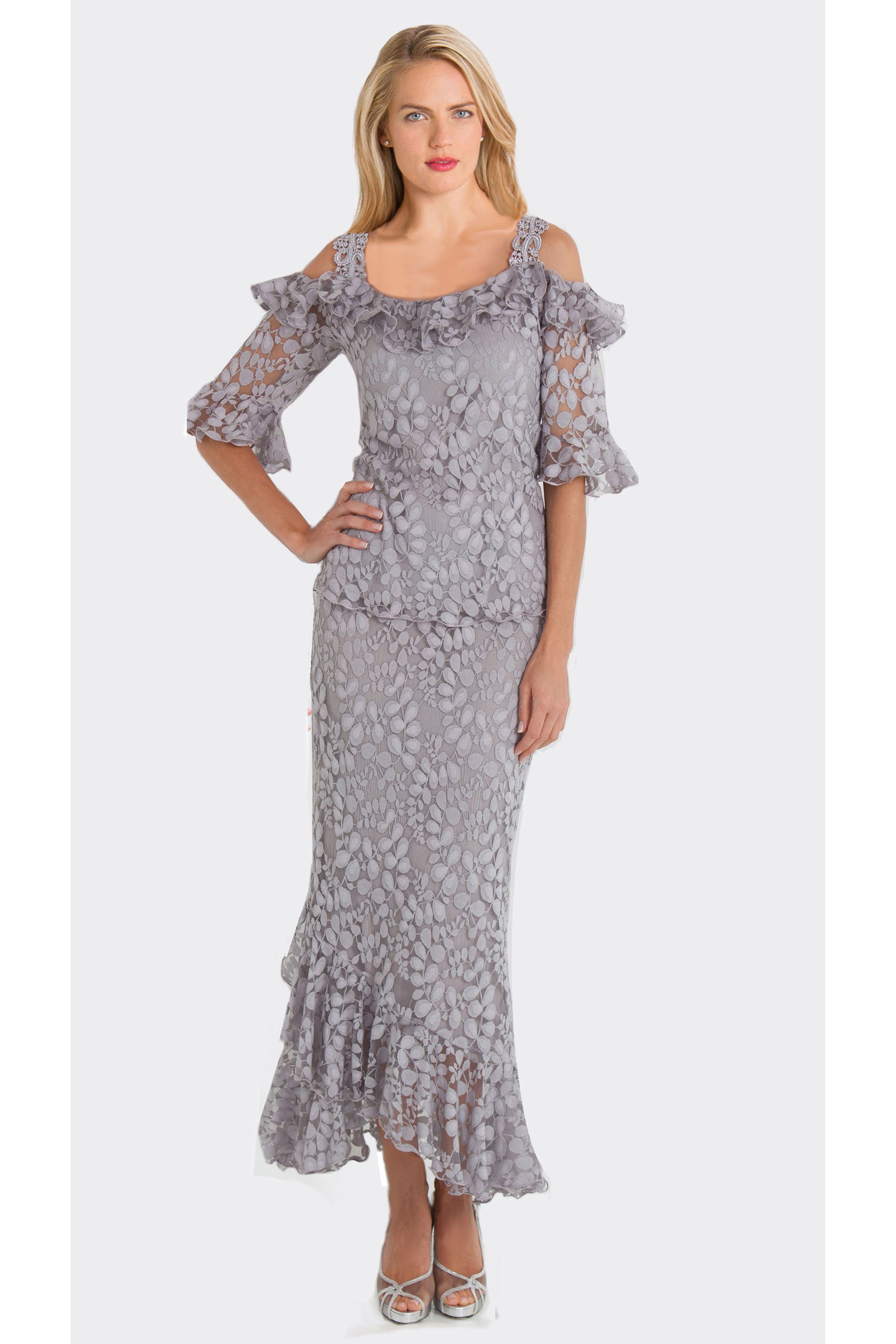 Petal Lace Cold Shoulder Top & Tea Length Skirt D903 - Sara Mique Evening Wear