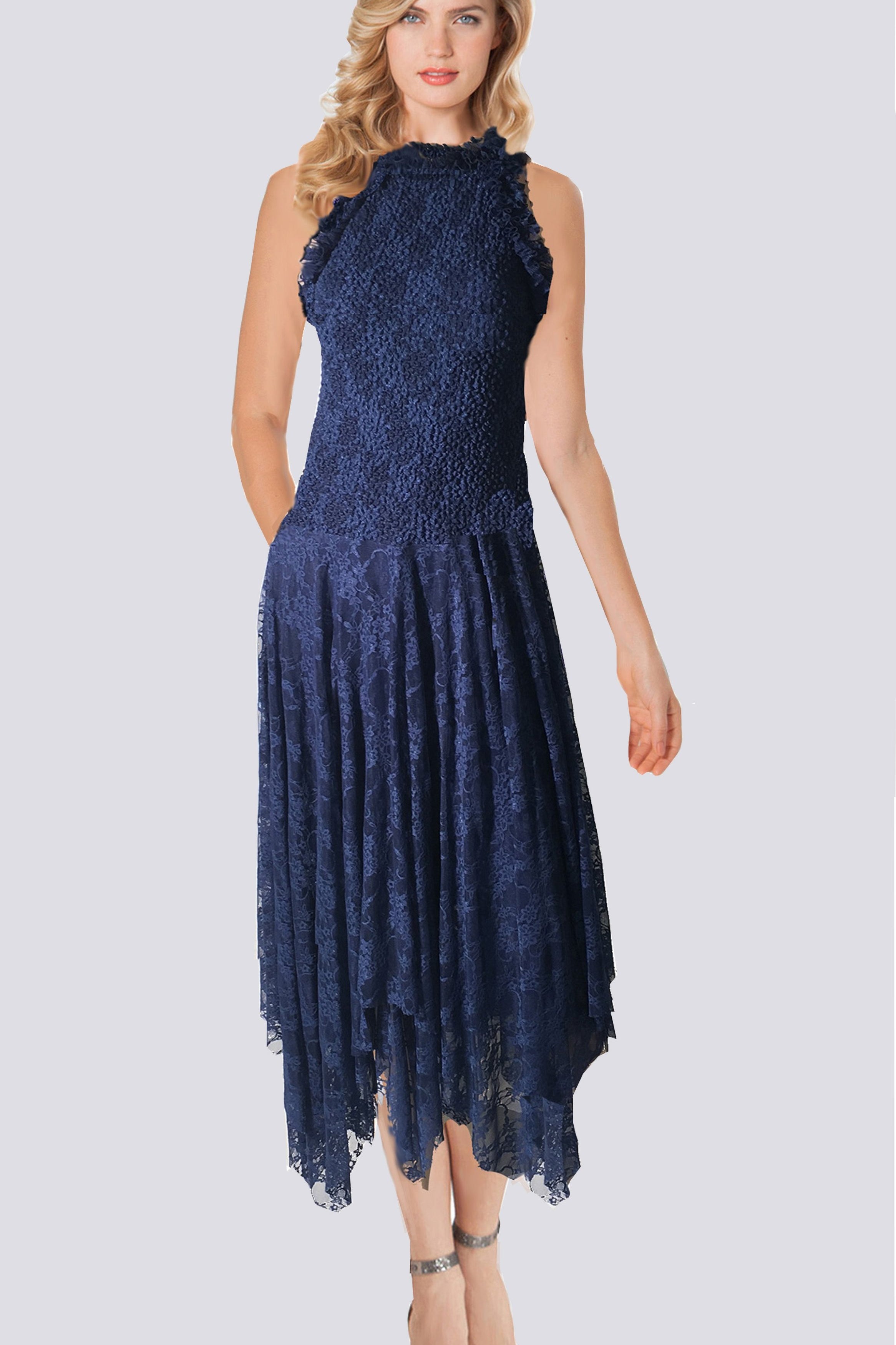 Halter Type Pucker Lace with Handkercheif Tea Length Skirt - DSL131 - Sara Mique Evening Wear