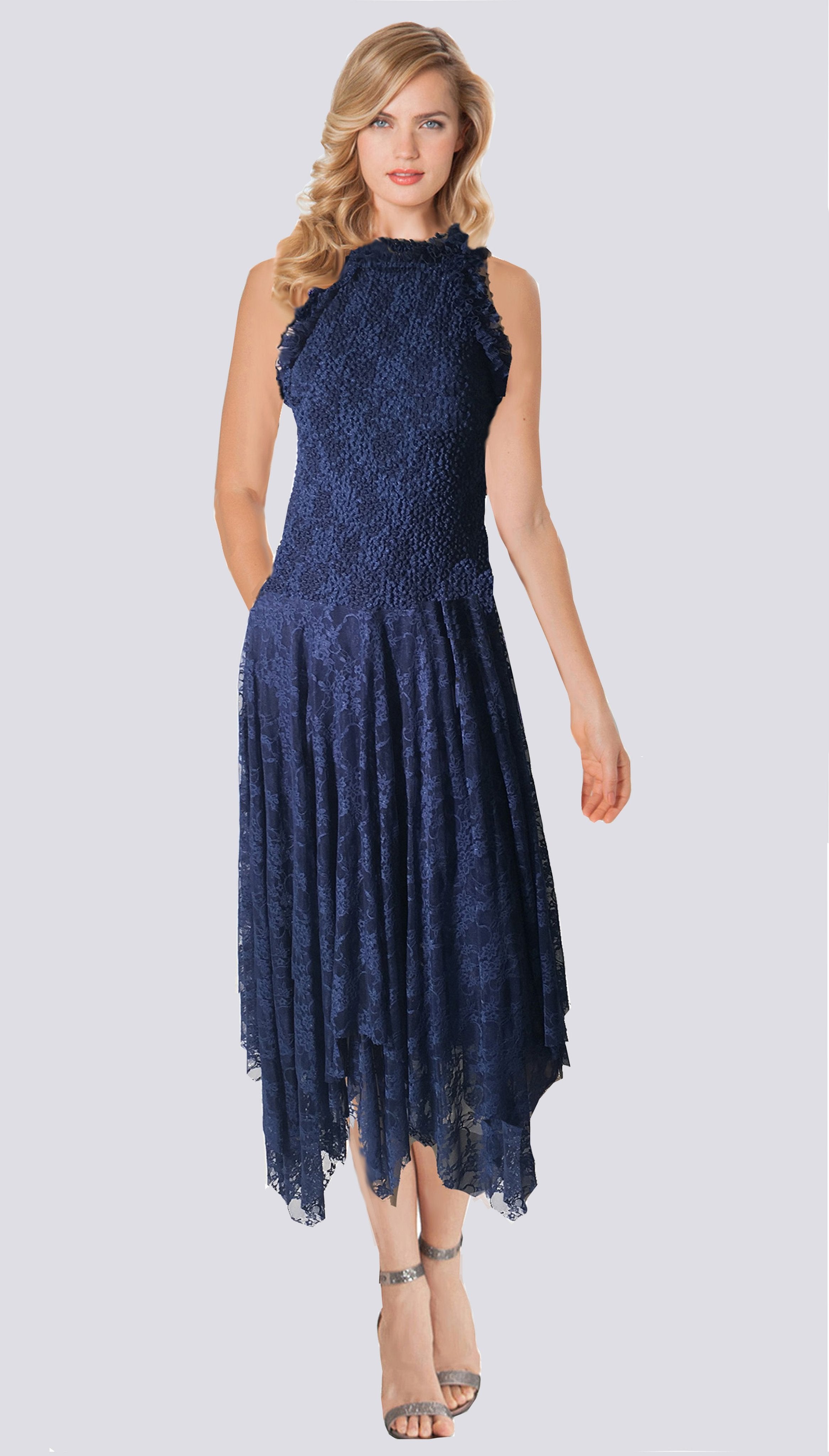 Halter Type Pucker Lace with Handkercheif Tea Length Skirt - DSL131 - Sara Mique Evening Wear