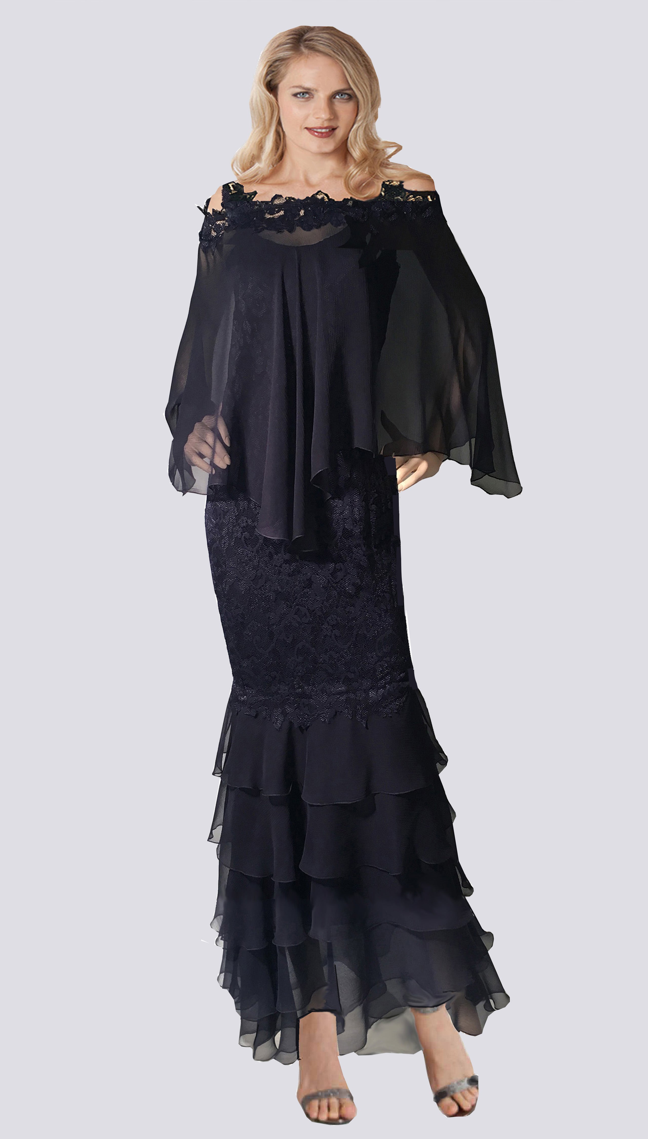 French Lace Dress With Silk Plisse' Layers & Multi Wear Float  - D680 / FloatFL1 - Sara Mique Evening Wear