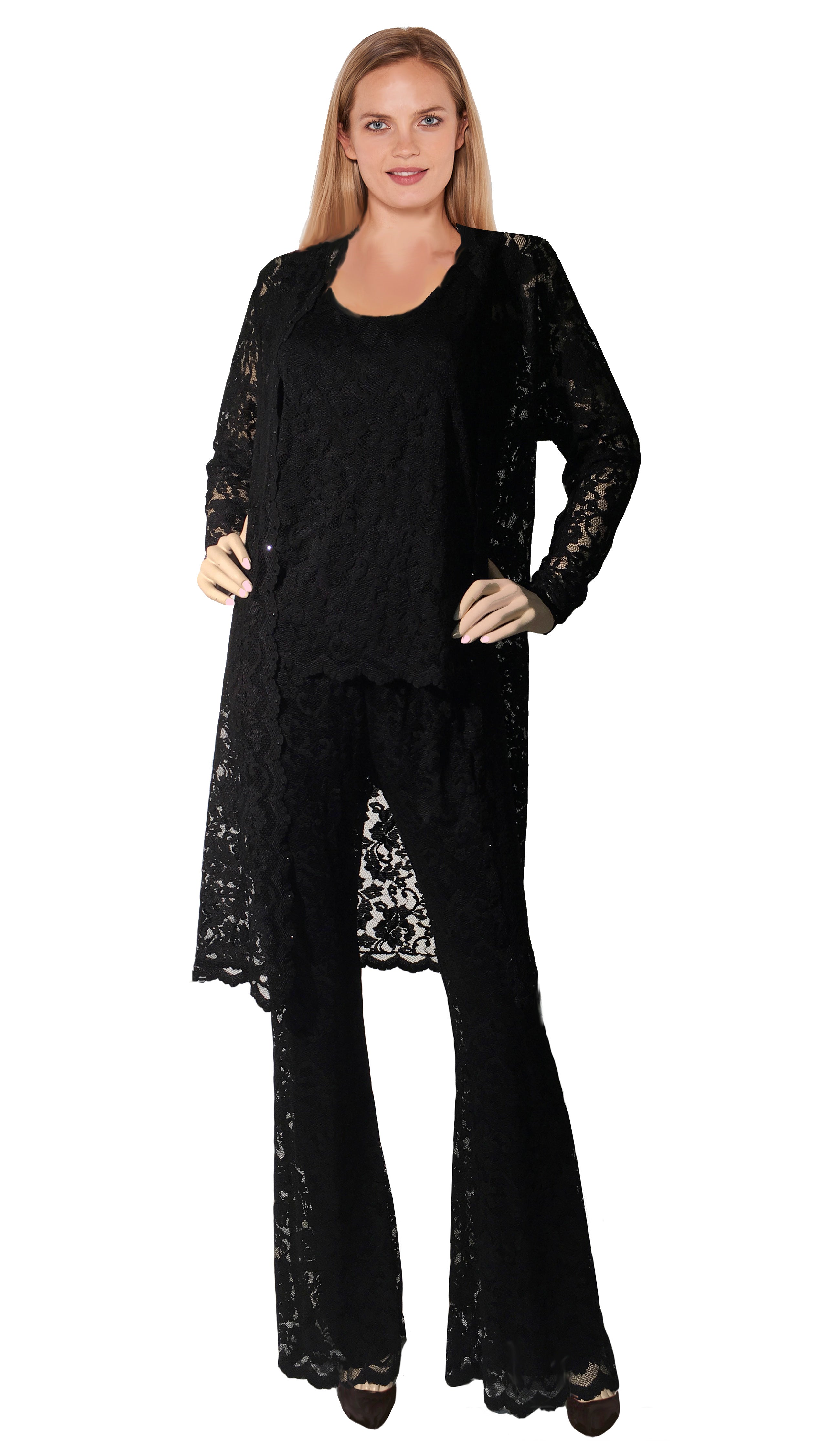 French Rose Lace Duster Jacket with Scoop Neck Cami & Bell Pant - Sara Mique Evening Wear