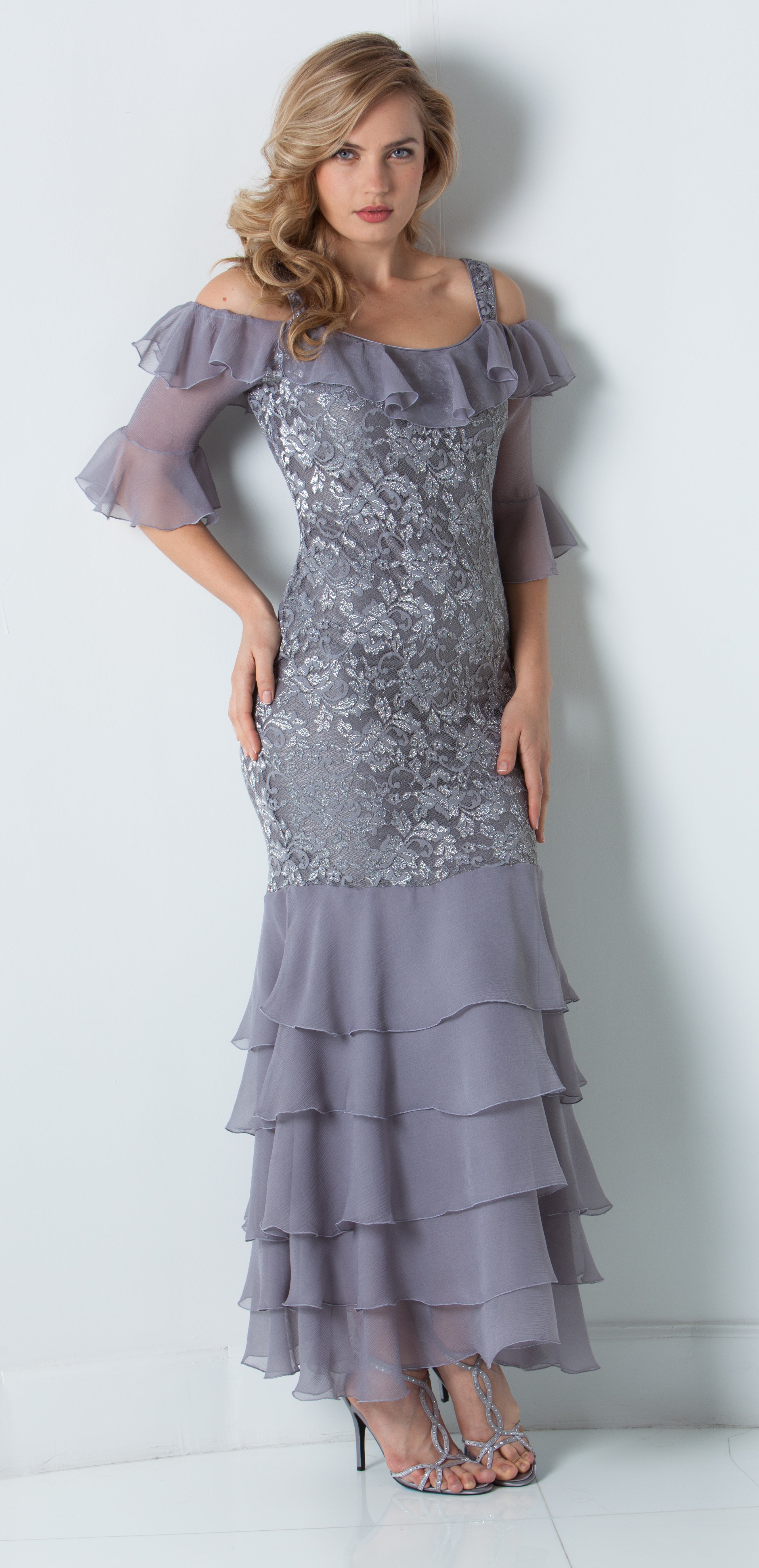 Liquid Silver Lace / Layers of Silk Plisse'  D3007 - Sara Mique Evening Wear