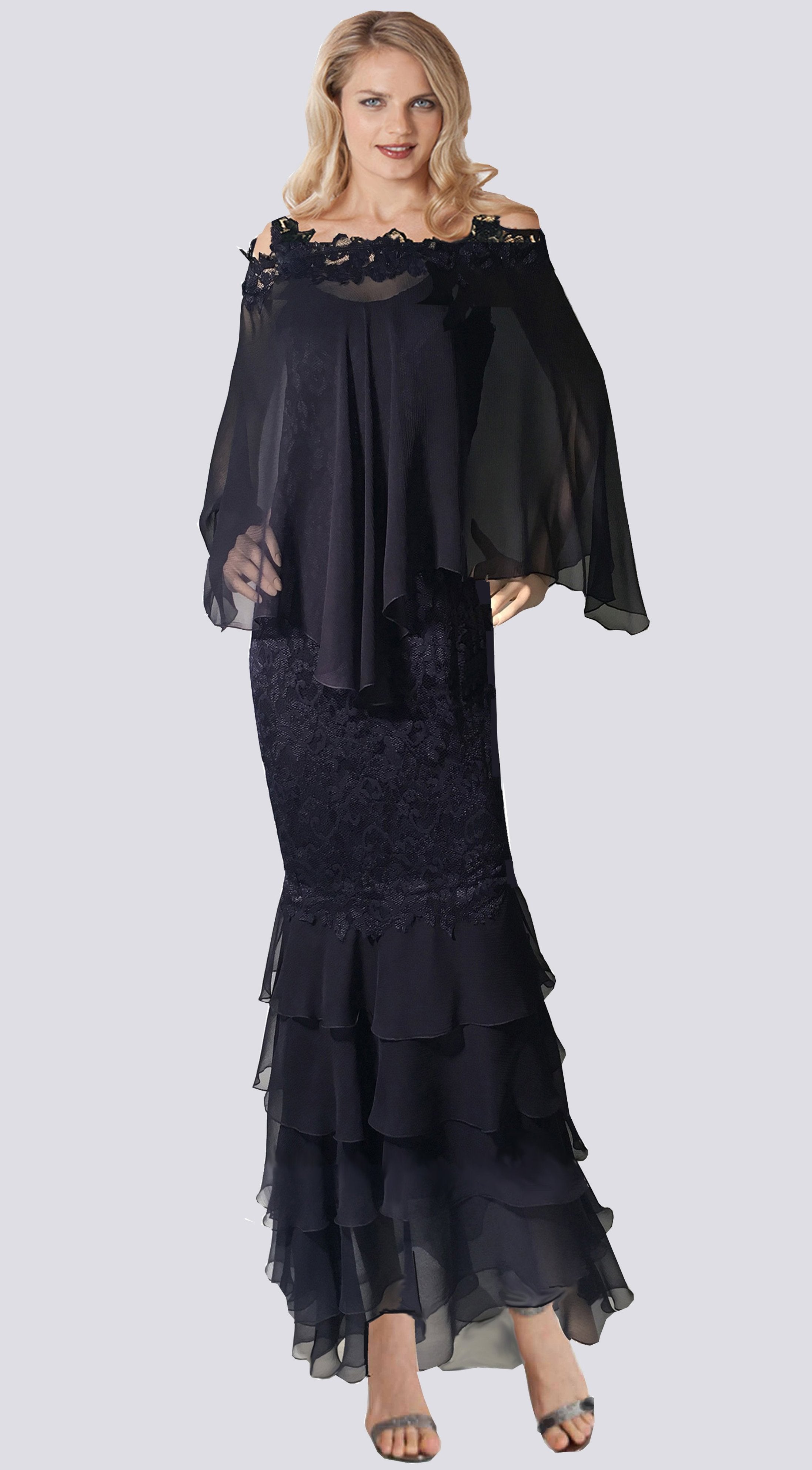 French Lace Dress With Silk Plisse' Layers & Multi Wear Float  - D680 / FloatFL1 - Sara Mique Evening Wear